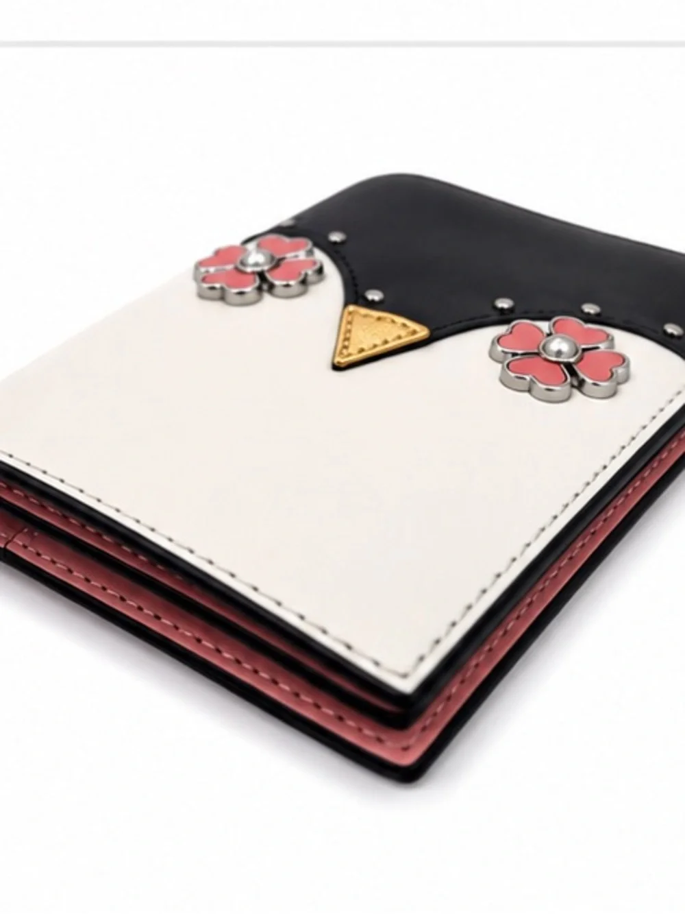 Kate Spade New York Floral Leather Passport Holder Travel Wallet Black White Pin